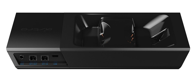 The Dock from the back. Aux and optical input, optical passthrough, USB connection. Headset charging cradle is on top.
